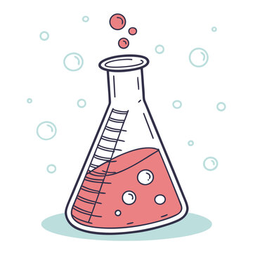A colorful hand drawn illustration depicts a laboratory flask filled with a vibrant red liquid and surrounded by floating bubbles high quality