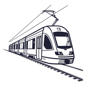 A stylized blue and white illustration depicts a modern electric tram moving along railroad tracks showcasing urban transit high quality professional detailed