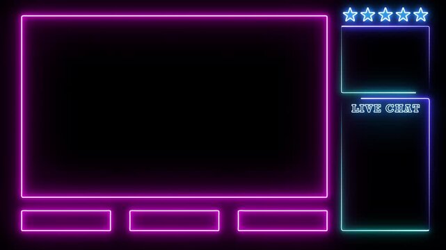 Neon glowing animated intermission stream overlay with hud facecam border, chat frame design for live broadcast visuals. Pink, blue and green color. 4K video.