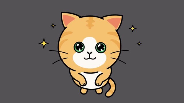 Kawaii Orange Cartoon Cat with Big Green Eyes and Sparkles