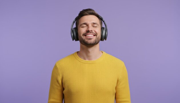 Man With Headphones Smiling, Eyes Closed, Wearing Yellow Sweater Against Soft Purple Backdrop Relaxed Mood Communicates Cozy AtHome Listening, Gentle Ambient Lighting, Casual Posture