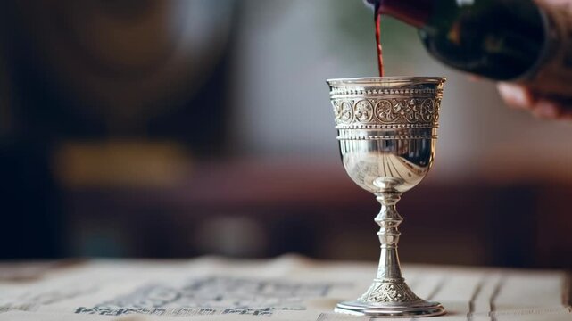 Silver kiddush cup with red wine pouring, jewish ritual shabbat blessing close up, warm indoor ceremonial table mood