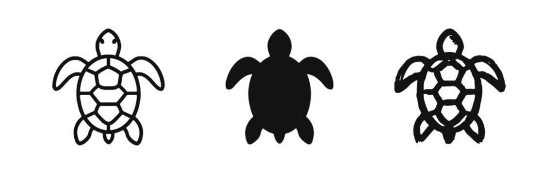Sea turtle icons in three distinct styles: outline, solid silhouette, and hand-drawn sketch for marine themes.