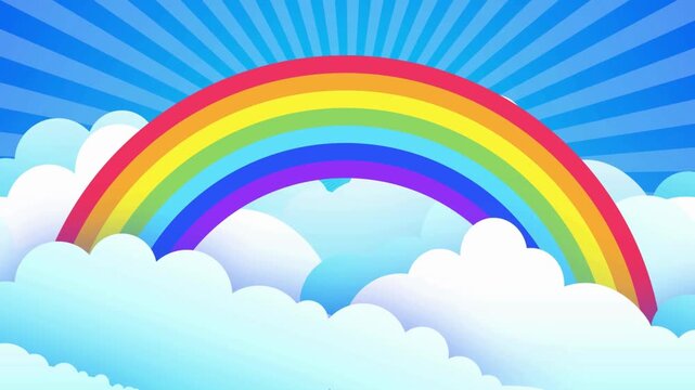 Vibrant Cartoon Rainbow Over Fluffy White Clouds on Blue Sunburst