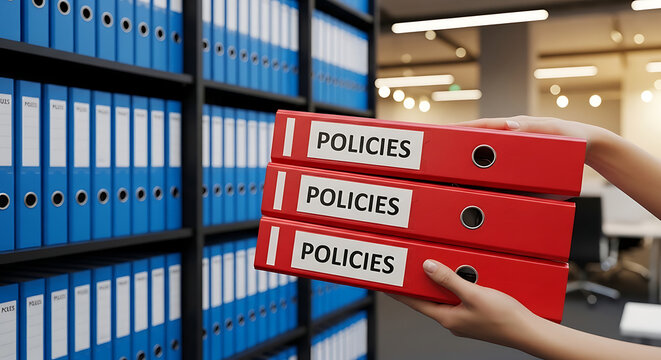 Red binders labeled 'Policies' stacked in a person's hands, in front of a shelf full of blue binders