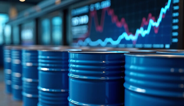 Row of blue oil drums with a graph showing an upward trend 