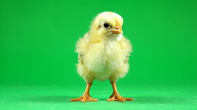 Adorable Yellow Chick Foraging on a Solid Green Background