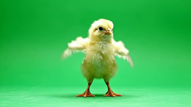 Adorable Young Chick Flapping Wings Against Green Background