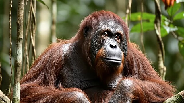 Peaceful Orangutan Resting in Lush Rainforest Habitat