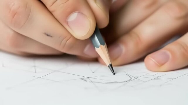 Closeup of a persons hands drawing with a pencil on a piece of paper creating lines and shapes.