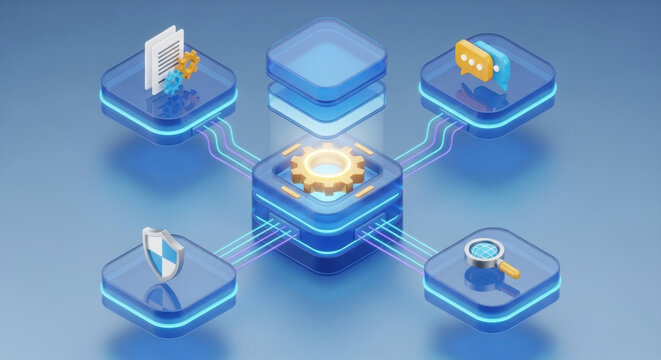 3d isometric workflow automation engine illustration with documents communication search security and connected process orchestration 
