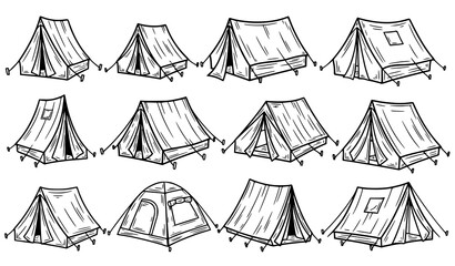 A collection of various tent designs in a simple line art style © Nirob
