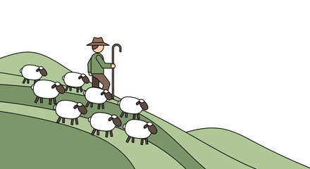 Fototapeta premium Simple Illustration of a Shepherd with Sheep on a Green Hillside