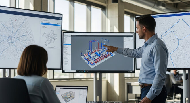 Man And Woman Discuss BIM 3D Model Design On Computer Screen 
