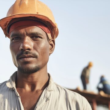 Construction Worker in Hard Hat, Looking Serious