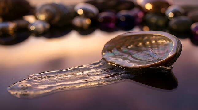 Lustrous abalone shell with iridescent nacre enhanced by flowing water, creating a mesmerizing natural texture
