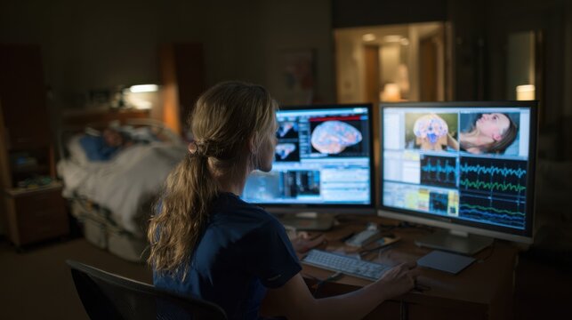 Technician reviewing polysomnography summaries on multiple screens in a dimly lit sleep lab with adjacent bedrooms out of focus in the background.