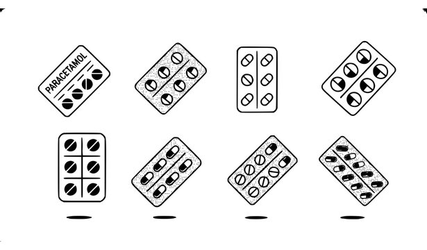 A vector graphic illustration of various paracetamol pill blister packs