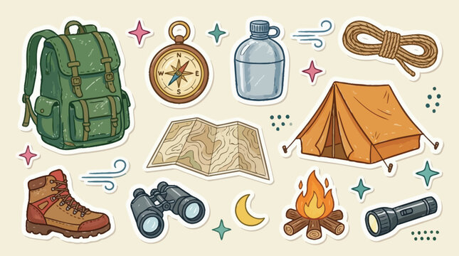 Camping Gear Icons with Tent, Backpack, Compass and and Flashlight on Beige Background