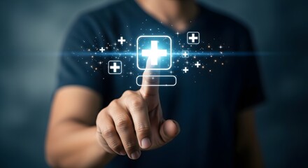 Fototapeta premium Man touching glowing medical plus sign technology