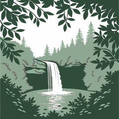 A serene illustration depicts a cascading waterfall nestled within lush green foliage and distant misty mountains high quality professional detailed modern elegant © bbbb