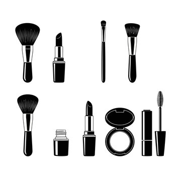 A set of black and white makeup icons including brushes and cosmetics