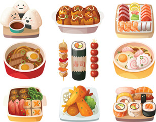 Assortment of colorful Japanese food illustrations Keywords sushi, ramen, onigiri, takoyaki © nasimulpln