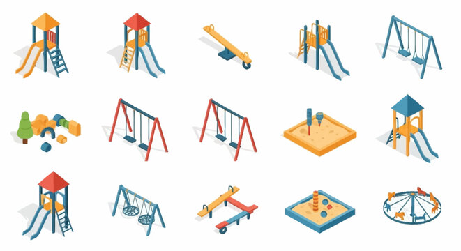 Collection of isometric playground equipment and structures for children's recreation.