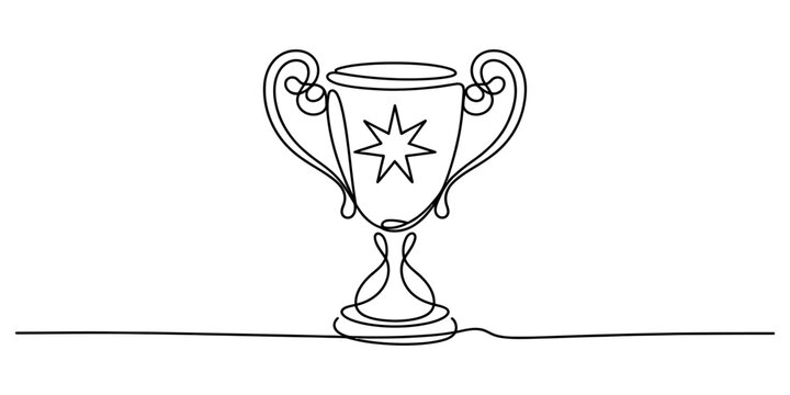 A single continuous line drawing of a trophy cup featuring a star emblem in the center design. Vector, illustration
