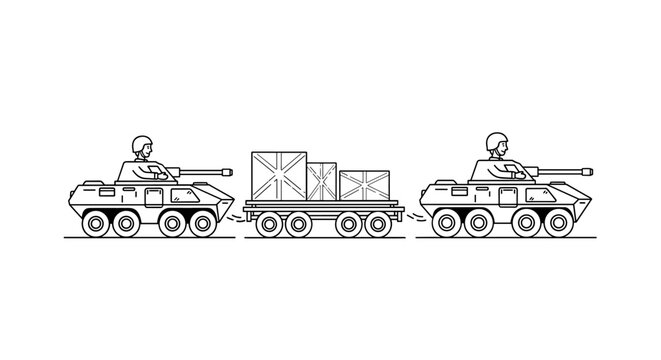Military convoy featuring armored personnel carriers towing cargo trailers with stacked boxes, showcasing a clean line art design with a monochrome palette suitable for