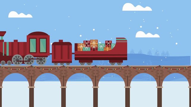 Red Christmas Train Delivering Gifts Over Snowy Bridge Animation