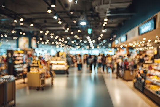 Soft-focus interior view of a busy retail store aisle, illuminated by many lights