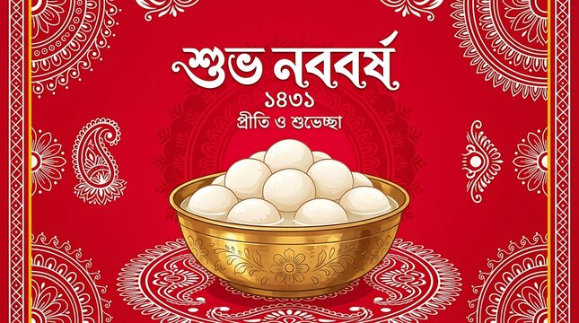 Traditional Bengali New Year celebration greeting with sweet rasgulla dessert in golden bowl