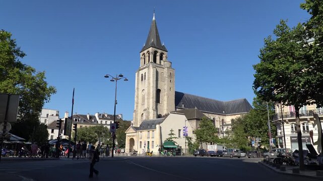 Medieval Romanesque and Gothic architecture of the Abbey of Saint Germain des Pres, one of the oldest churches in Paris, France.