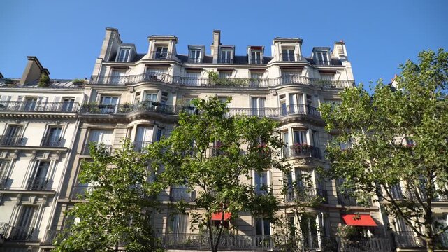 Classic Parisian building with yellow limestone facade and green trees on Boulevard Saint Germain in Paris, France. Sunny summer afternoon.