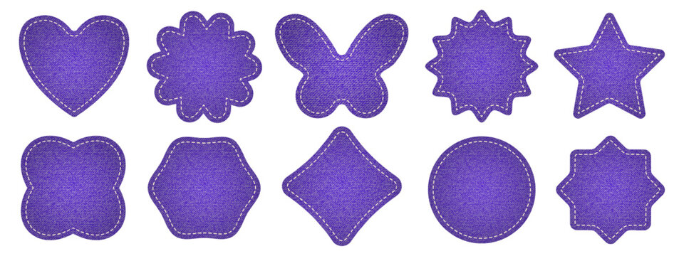 Set of purple denim texture patch shapes with dashed line stitching