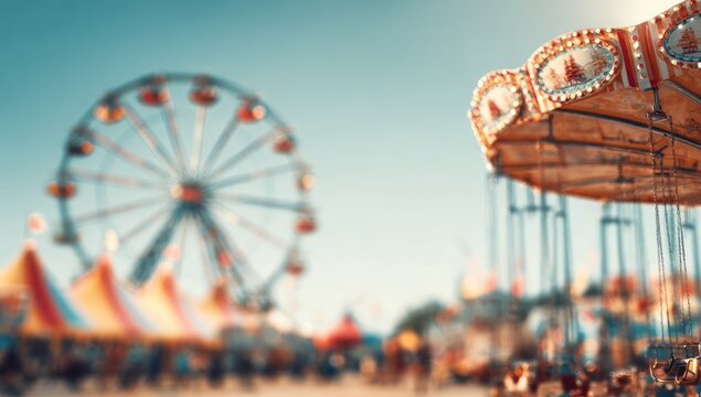 Blurred outdoor carnival scene with a Ferris wheel and swing ride under blue sky
