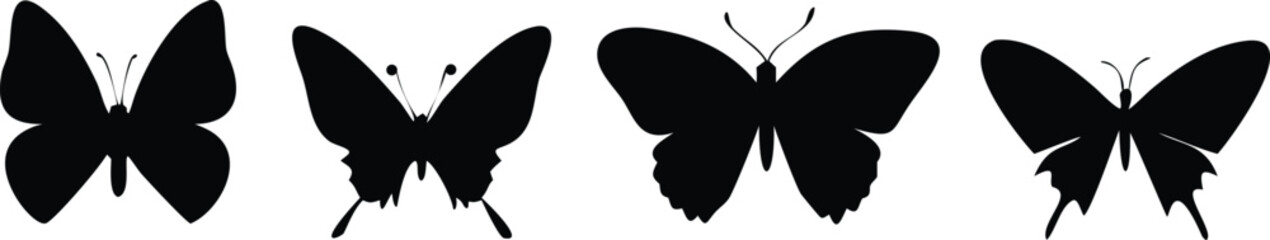 Four black butterfly silhouettes isolated on transparent checkered background elegant wing design. © Foysal