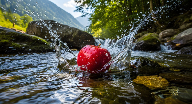 Buah apel merah jatuh ke sungai berbatu dan menciptakan percikan air di alam liar