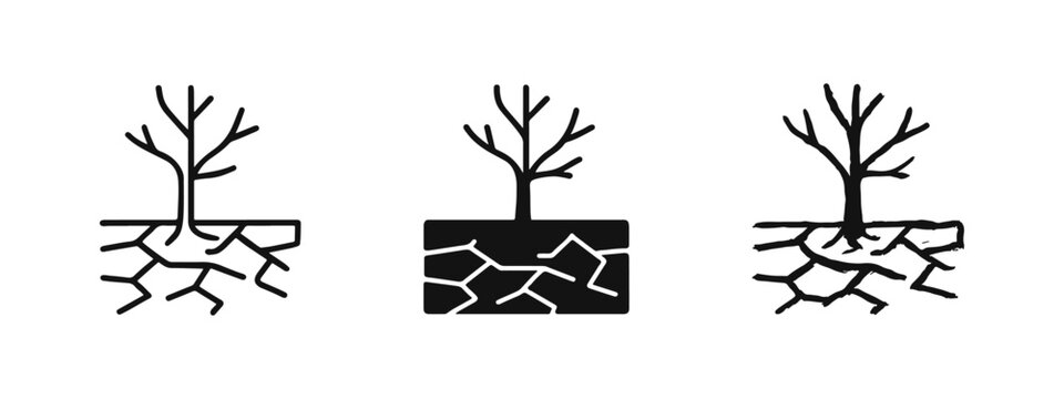 Drought and dead tree icon set showing cracked earth in line, solid, and hand-drawn sketch styles