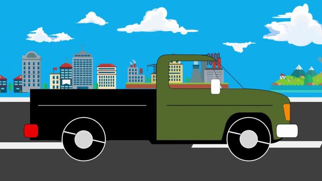 Animated Green Pickup Truck Driving Through City