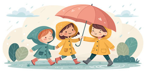 Three kids walking in the rain under a single umbrella with rainy day children umbrella childhood together friendship illustration raincoat protection activity recreation childlike © ayesha umar