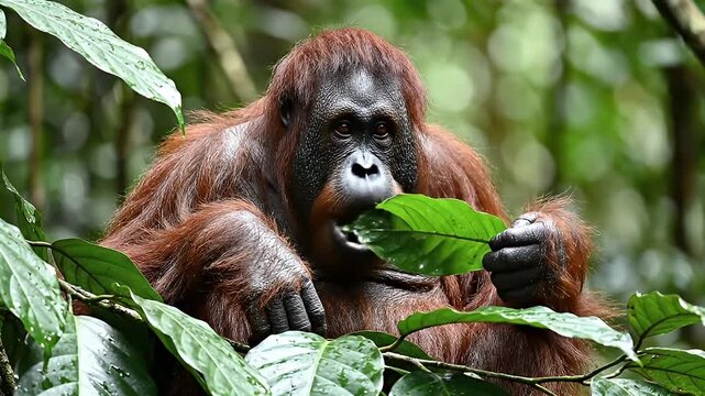 Bornean Orangutan Resting Amongst Lush Tropical Rainforest Foliage