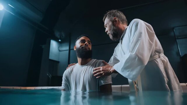 Baptism ceremony in church, symbolizing faith, renewal, and spiritual commitment.