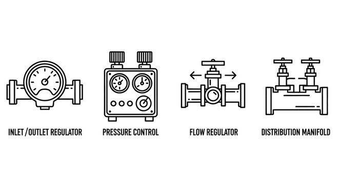 Industrial gas regulator and pressure control icons, set of 4 plumbing valve line vectors, distribution manifold and flow regulator symbols