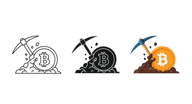 Bitcoin mining icon set with pickaxe and gold coin, cryptocurrency extraction symbols in line and flat styles, digital currency mining vector