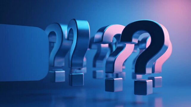 Elegant cyan 3D punctuation symbols hovering in cluster against smooth gradient background with glowing magenta light and blank copy space, illustrating corporate inquiry and support concept.