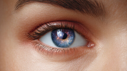 Fototapeta premium Close-up of a human eye with a galaxy pattern in the iris, showcasing intricate details of eyelashes and skin texture, emphasizing the unique cosmic design