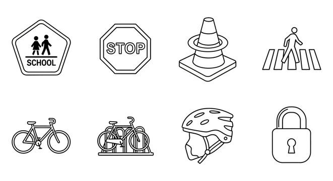 Set of eight distinct icons depicting road safety, traffic control, and transportation elements, including school crossing, stop sign, traffic cone, crosswalk, bicycle racks, helmet, and padlock