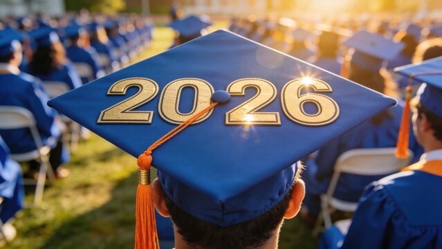 Graduation ceremony with group of students in caps, one highlighted with &ldquo;2026&rdquo; on the graduation cap